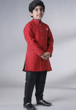 Embroidered Georgette Sherwani Set in Coral Red