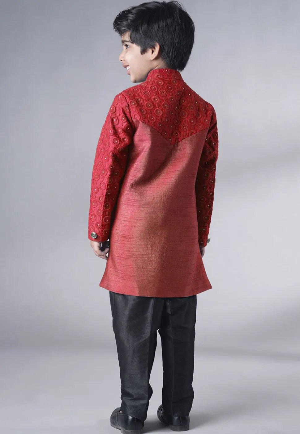 Embroidered Georgette Sherwani Set in Coral Red