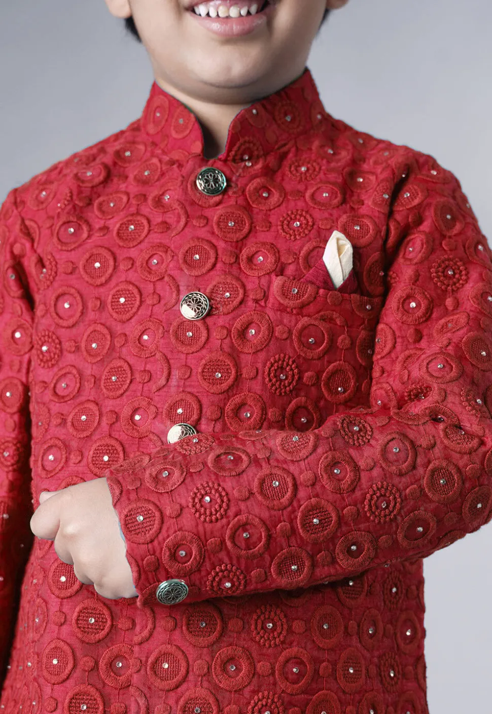 Embroidered Georgette Sherwani Set in Coral Red