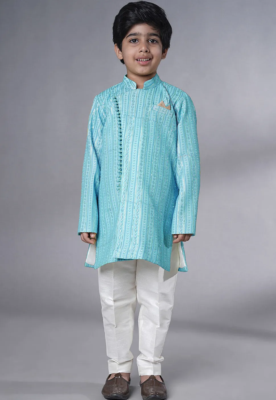 Embroidered Georgette Sherwani in Sky Blue