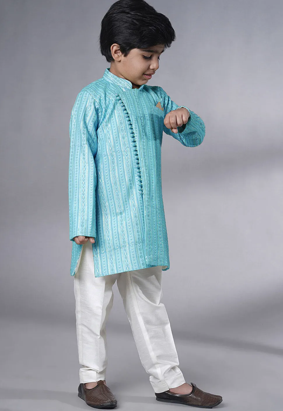 Embroidered Georgette Sherwani in Sky Blue
