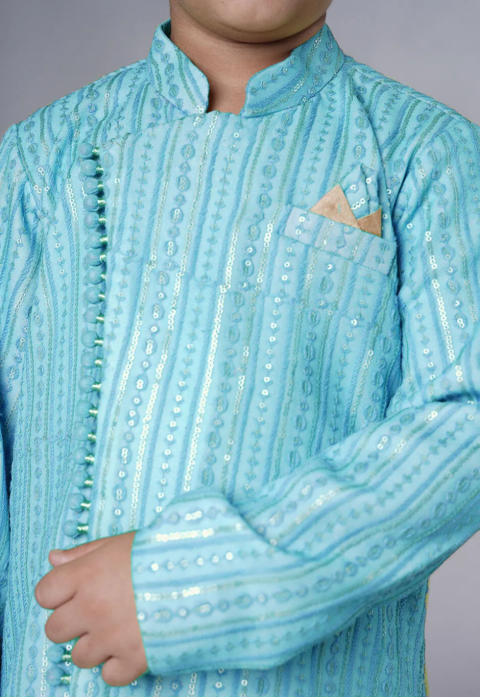 Embroidered Georgette Sherwani in Sky Blue