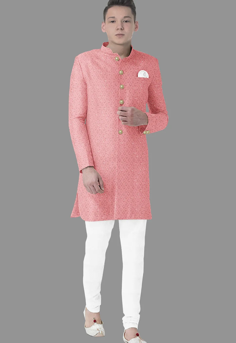 Embroidered Georgette Sherwani in Peach