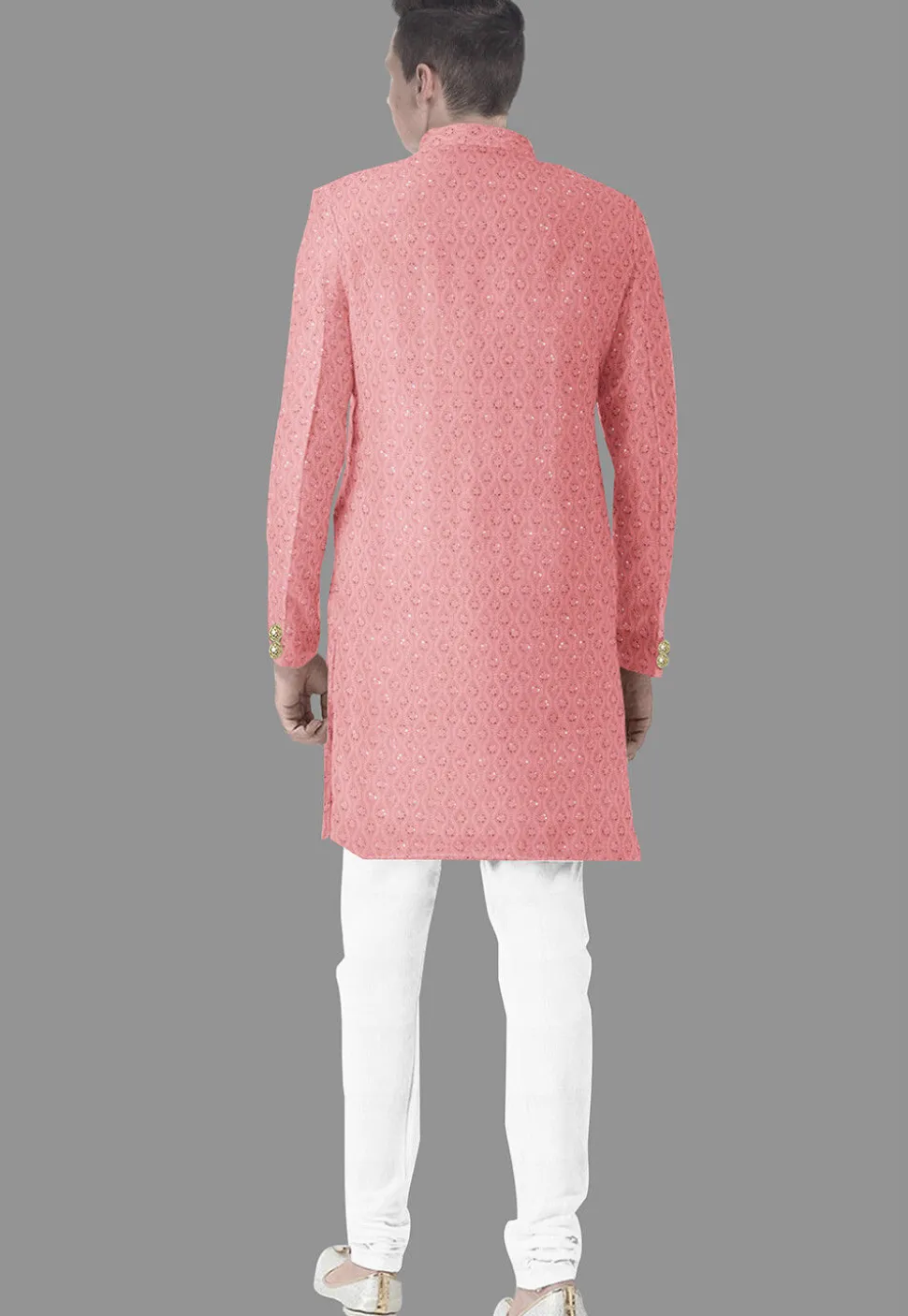 Embroidered Georgette Sherwani in Peach