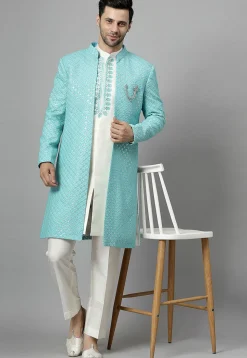 Embroidered Georgette Sherwani in Sky Blue and Off White