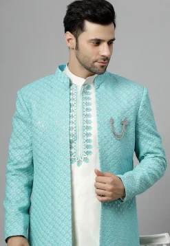 Embroidered Georgette Sherwani in Sky Blue and Off White