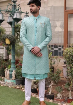 Embroidered Georgette Sherwani in Sea Green