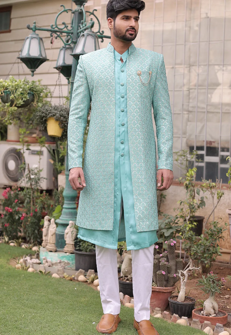 Embroidered Georgette Sherwani in Sea Green