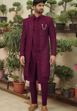 Embroidered Georgette Sherwani in Wine