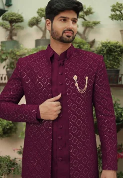 Embroidered Georgette Sherwani in Wine
