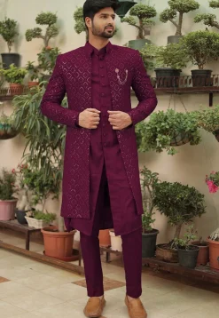 Embroidered Georgette Sherwani in Wine