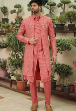 Embroidered Georgette Sherwani in Dark Peach