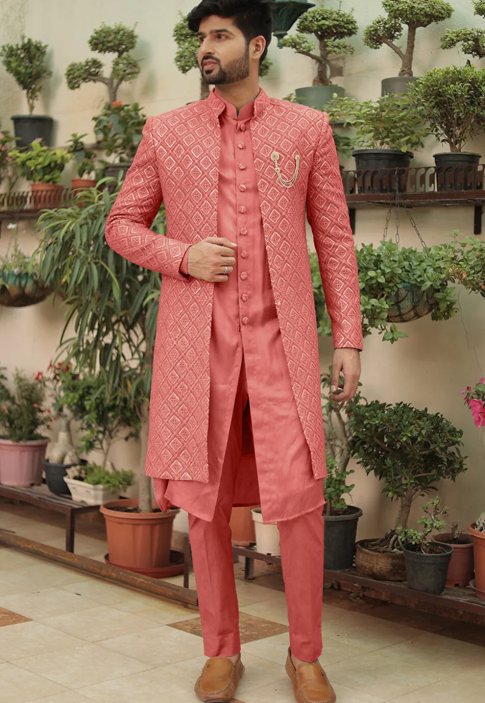 Embroidered Georgette Sherwani in Dark Peach