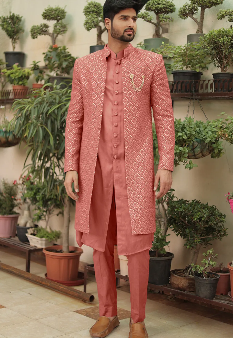 Embroidered Georgette Sherwani in Dark Peach