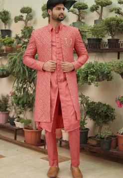 Embroidered Georgette Sherwani in Dark Peach