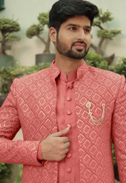 Embroidered Georgette Sherwani in Dark Peach