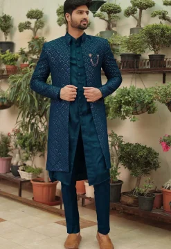 Embroidered Georgette Sherwani in Teal Blue