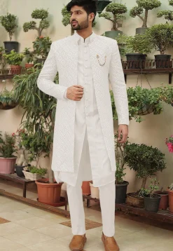 Embroidered Georgette Sherwani in White
