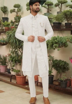 Embroidered Georgette Sherwani in White