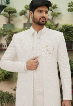 Embroidered Georgette Sherwani in White
