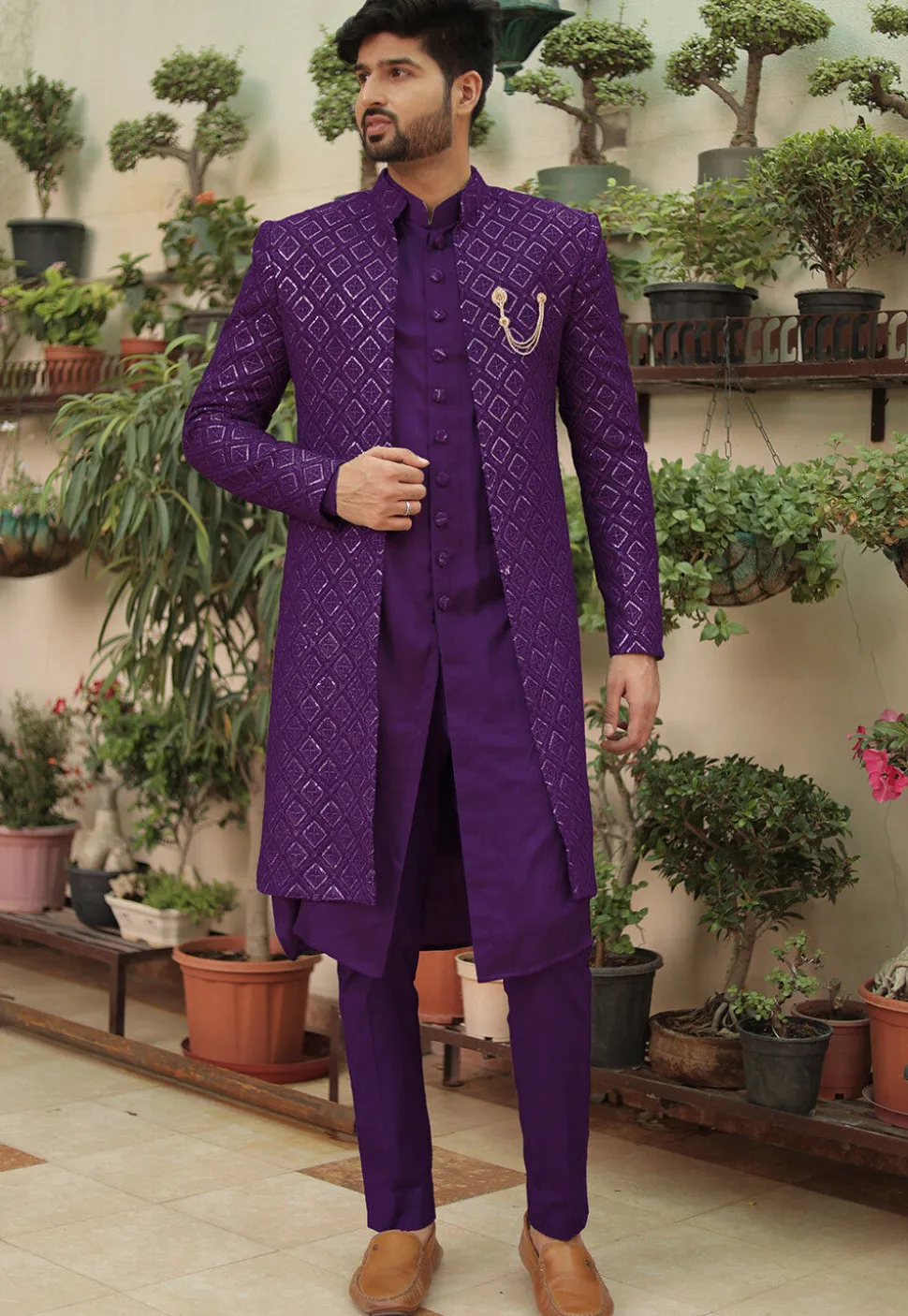 Embroidered Georgette Sherwani in Purple