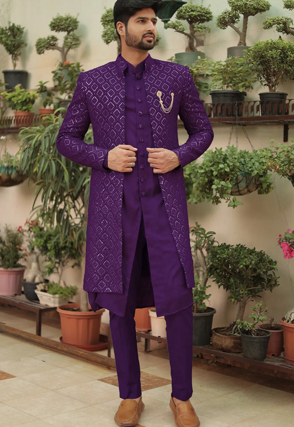 Embroidered Georgette Sherwani in Purple