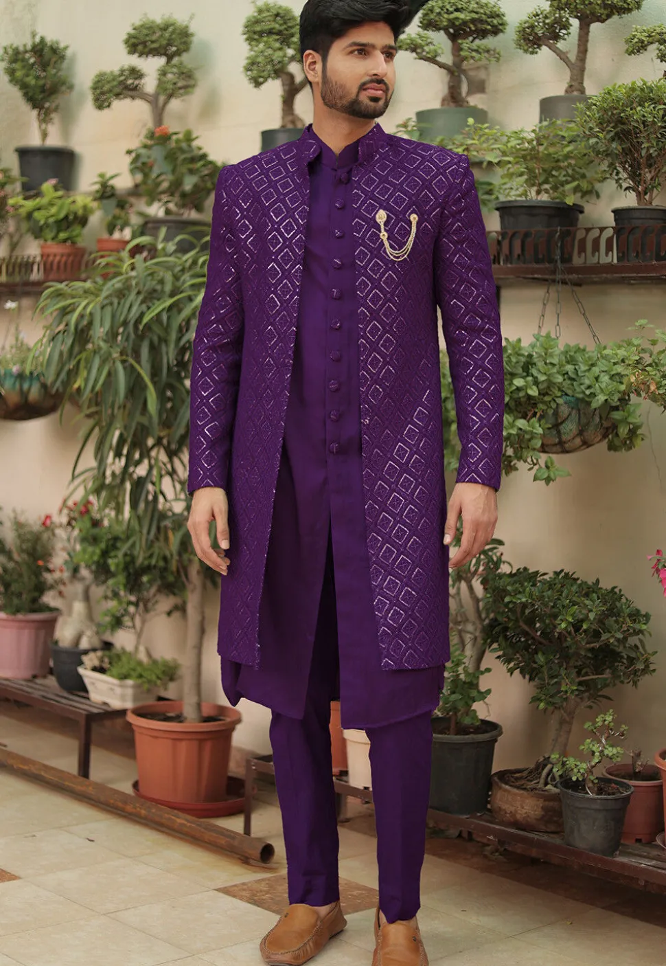 Embroidered Georgette Sherwani in Purple