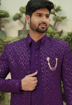 Embroidered Georgette Sherwani in Purple