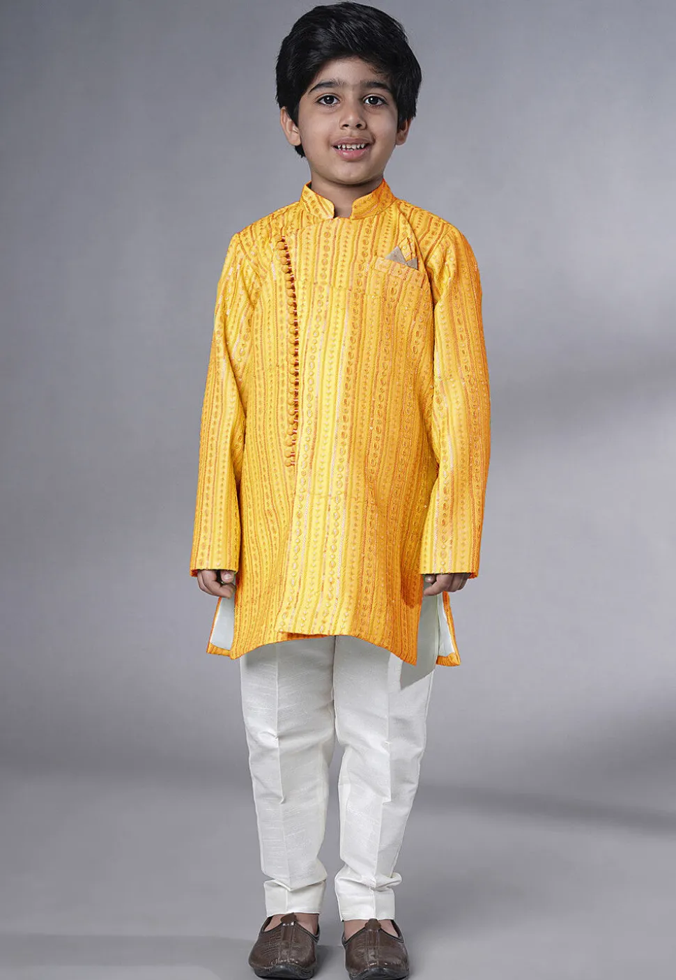 Embroidered Georgette Sherwani in Yellow