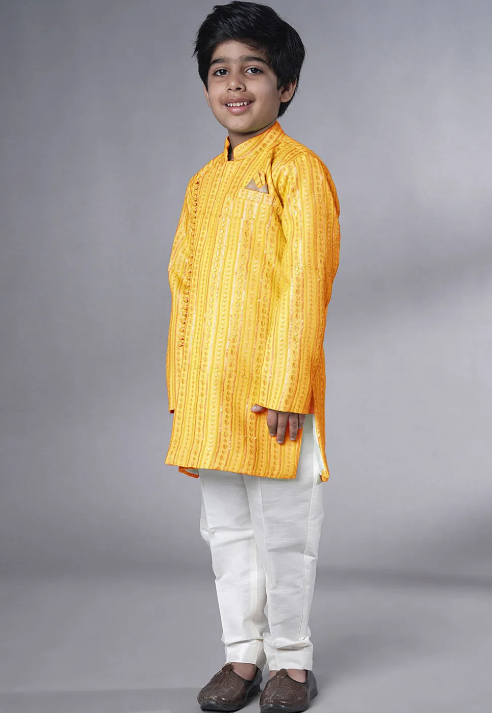 Embroidered Georgette Sherwani in Yellow