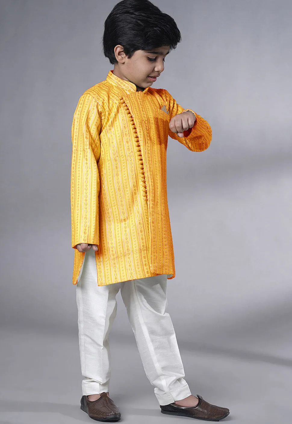 Embroidered Georgette Sherwani in Yellow