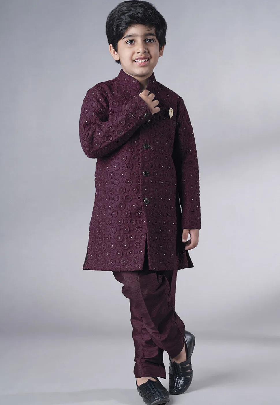 Embroidered Georgette Sherwani Set in Wine