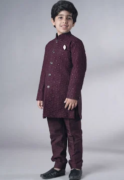 Embroidered Georgette Sherwani Set in Wine