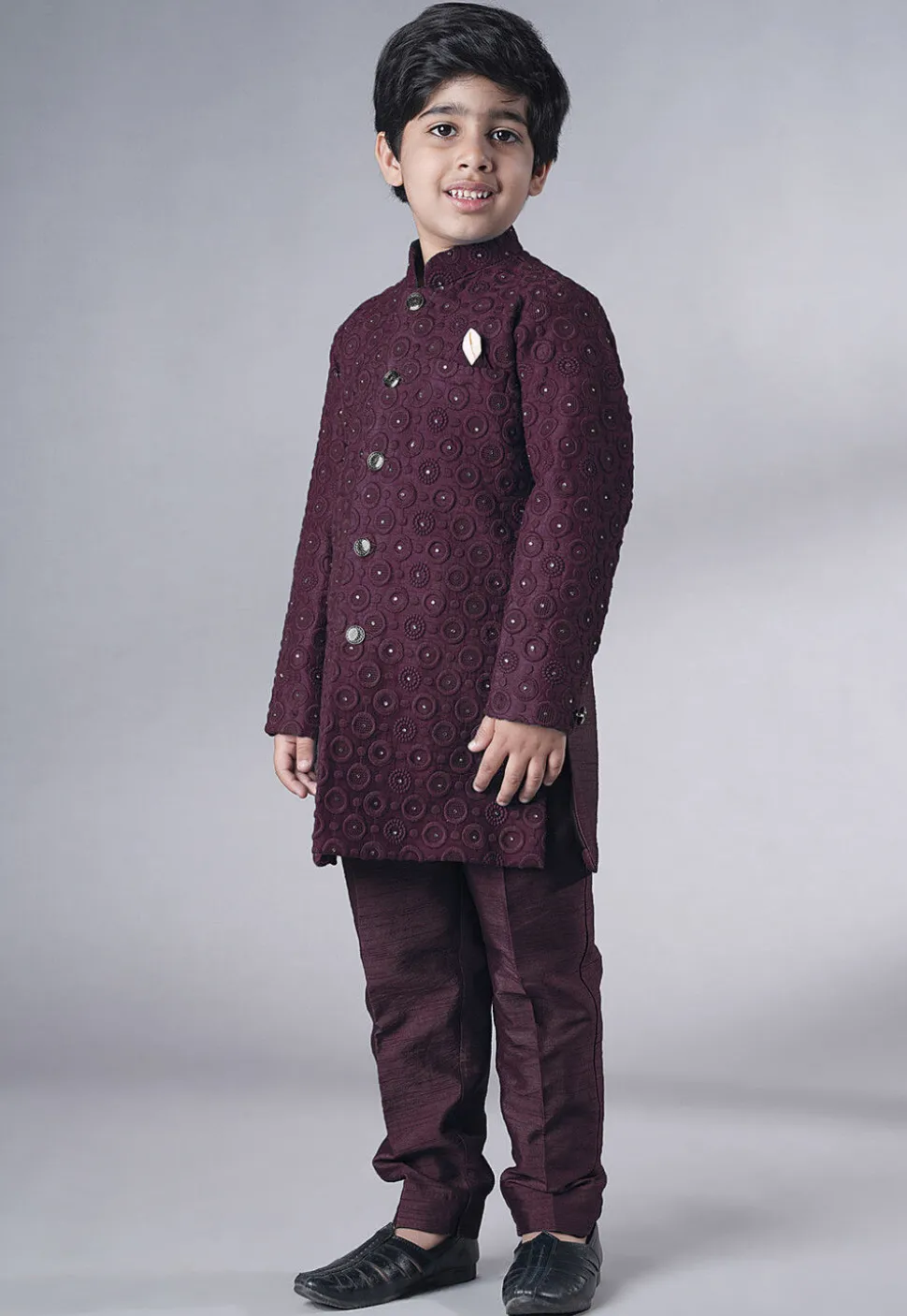 Embroidered Georgette Sherwani Set in Wine