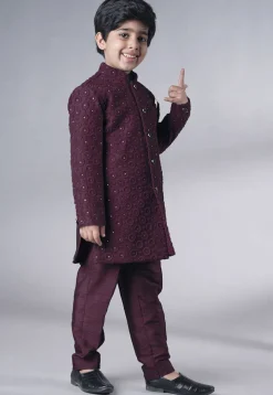 Embroidered Georgette Sherwani Set in Wine