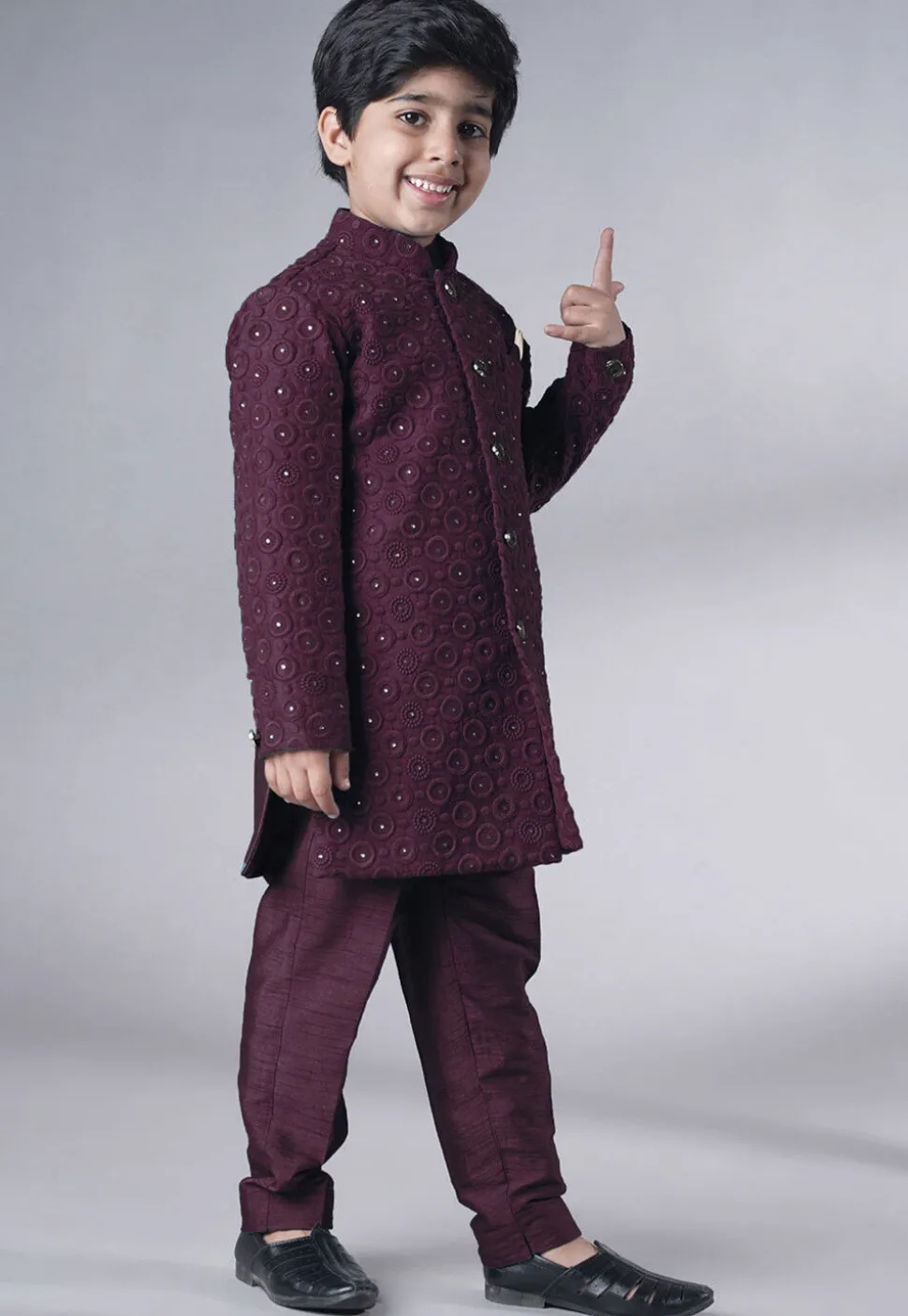 Embroidered Georgette Sherwani Set in Wine