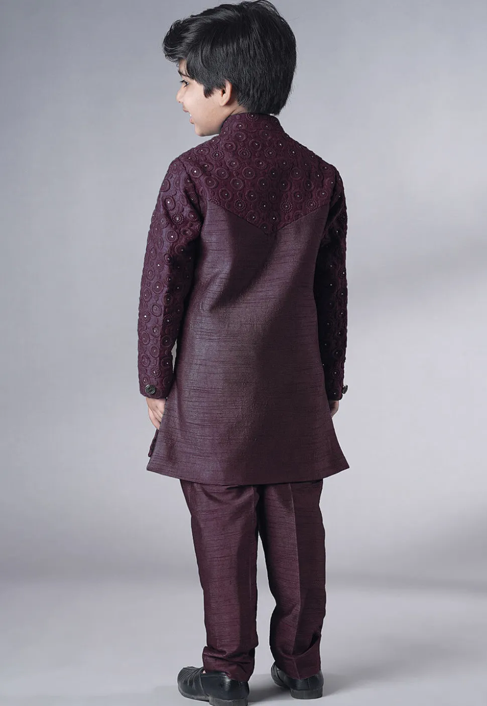 Embroidered Georgette Sherwani Set in Wine