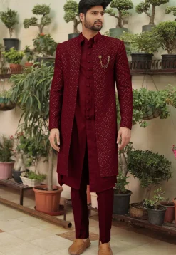 Embroidered Georgette Sherwani in Wine