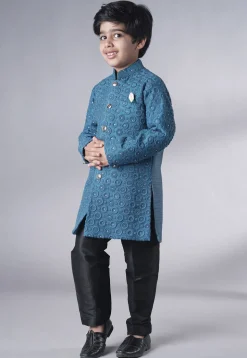 Embroidered Georgette Sherwani Set in Teal Blue