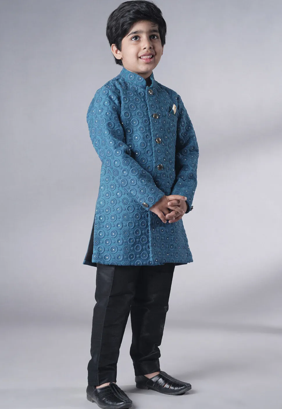 Embroidered Georgette Sherwani Set in Teal Blue