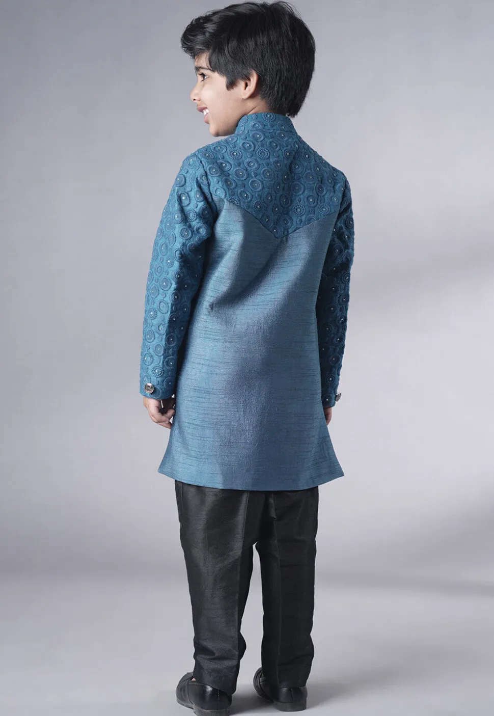 Embroidered Georgette Sherwani Set in Teal Blue