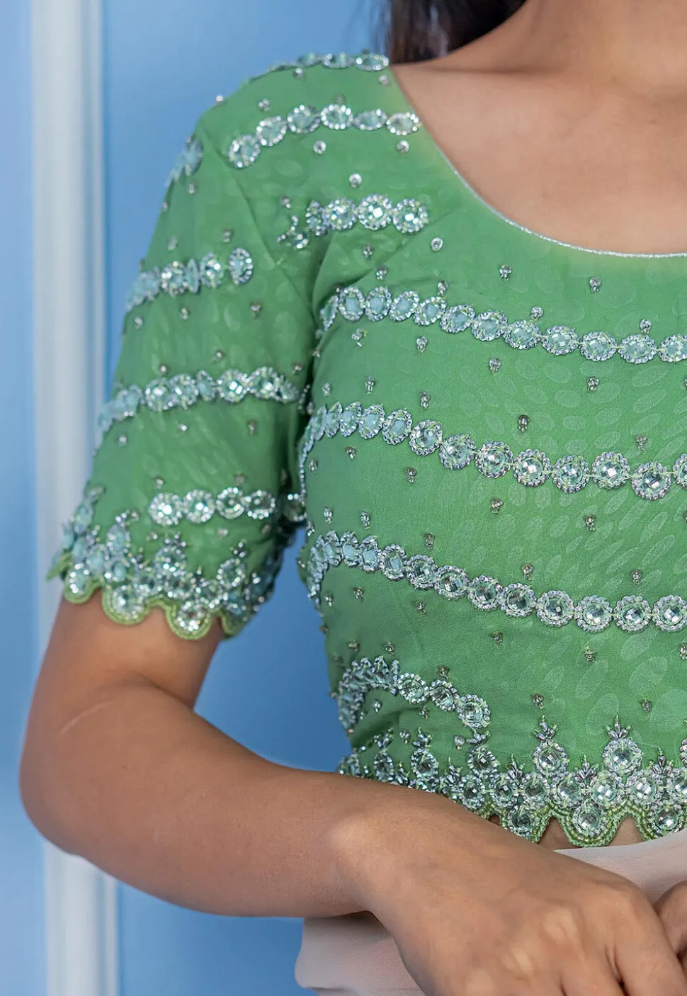 Embroidered Georgette Shimmer Padded Scalloped Blouse in Green