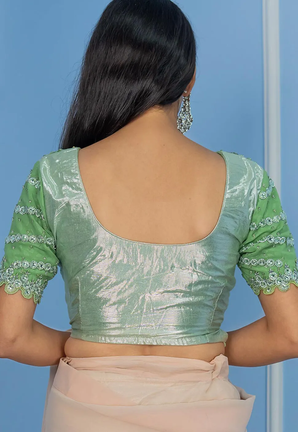Embroidered Georgette Shimmer Padded Scalloped Blouse in Green
