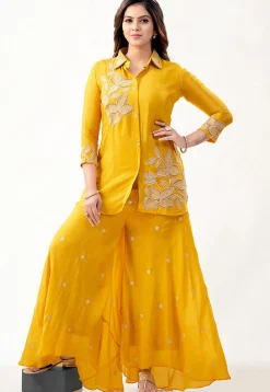 Embroidered Georgette Shirt Set in Mustard