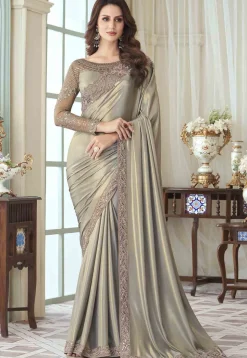 Embroidered Georgette Silk Saree in Light Olive Green