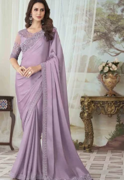 Embroidered Georgette Silk Saree in Light Purple