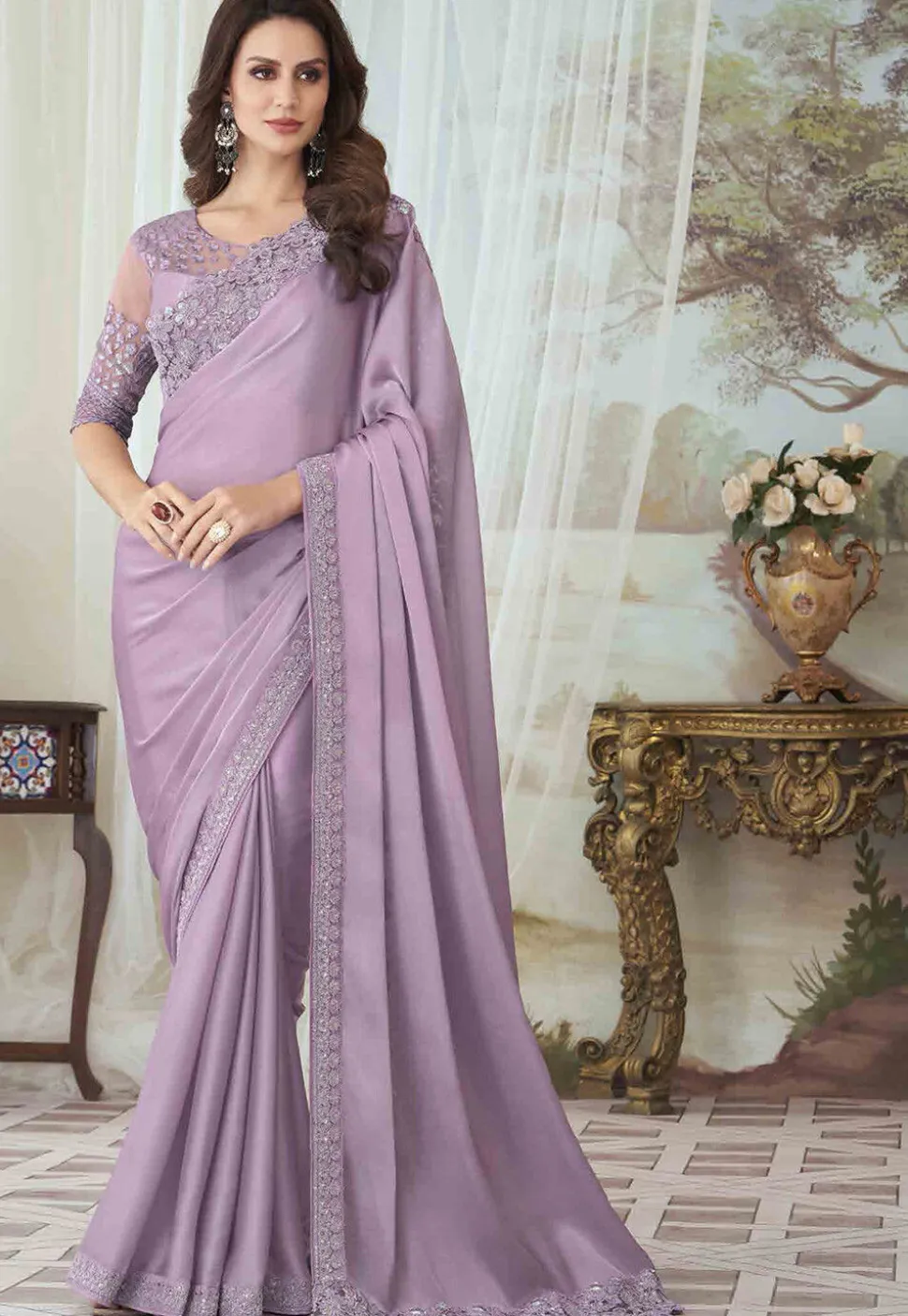 Embroidered Georgette Silk Saree in Light Purple
