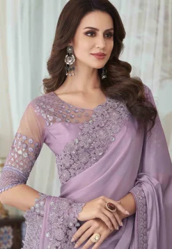 Embroidered Georgette Silk Saree in Light Purple