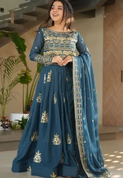 Embroidered Georgette Silk Abaya Style Suit in Teal Blue