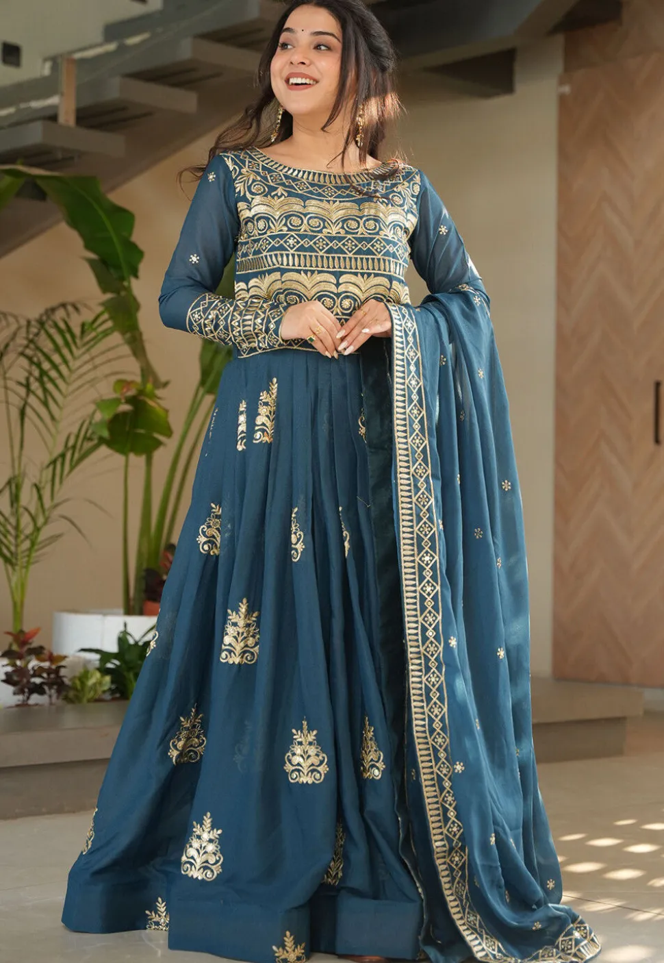 Embroidered Georgette Silk Abaya Style Suit in Teal Blue